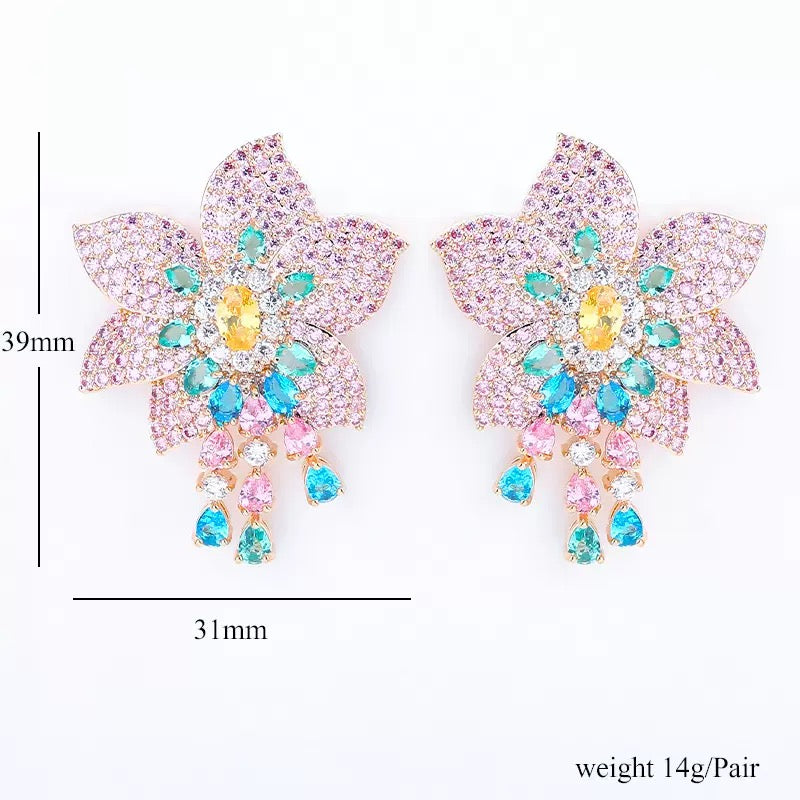 Wholesale Full-Zircon Earrings  Flower Drop Earrings with White CZ Cascade | 18K Gold Plated | Bo Cheng Jewelry