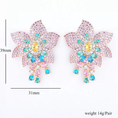 Wholesale Full-Zircon Earrings  Flower Drop Earrings with White CZ Cascade | 18K Gold Plated | Bo Cheng Jewelry