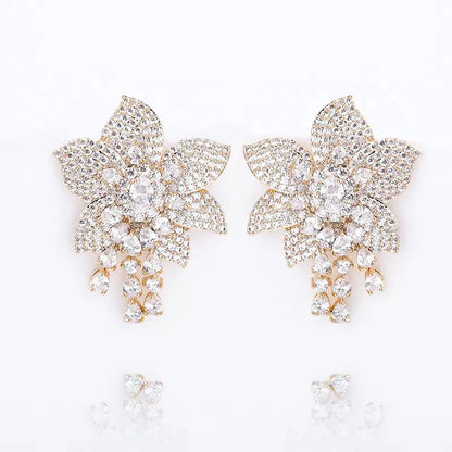 Wholesale Full-Zircon Earrings  Flower Drop Earrings with White CZ Cascade | 18K Gold Plated | Bo Cheng Jewelry
