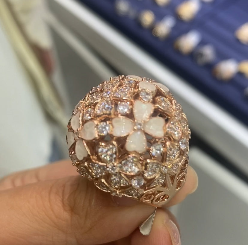Rose Gold Dome Ball Ring | White Enamel Flower Pavé CZ | Copper | Bo Cheng Jewelry