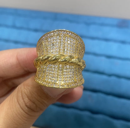 R052 Oversized Barrel Full Pavé CZ Men's Ring with Cuban Link Waist Accent | 18K Gold | Bo Cheng