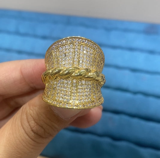 R052 Oversized Barrel Full Pavé CZ Men's Ring with Cuban Link Waist Accent | 18K Gold | Bo Cheng
