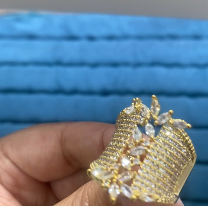 R054 Wide Band Open Cuff Full Pavé CZ Ring with Marquise Leaf Branch | Gold & Silver | Bo Cheng