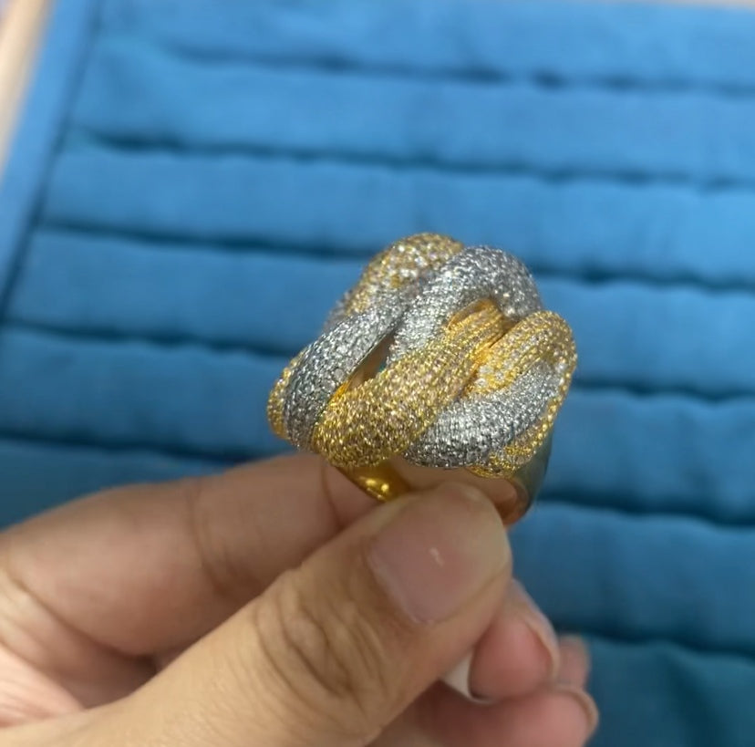 R055 Oversized Two-Tone Gold Silver Full Pavé CZ Interlocking Knot Ring | Bo Cheng Jewelry