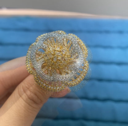 R057 Oversized Open Lattice Camellia Full Pavé CZ Cocktail Ring | Gold & Two-Tone | Bo Cheng