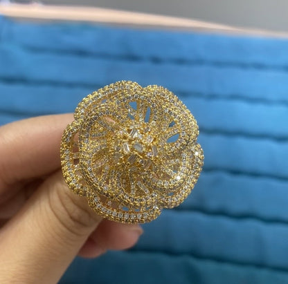 R057 Oversized Open Lattice Camellia Full Pavé CZ Cocktail Ring | Gold & Two-Tone | Bo Cheng