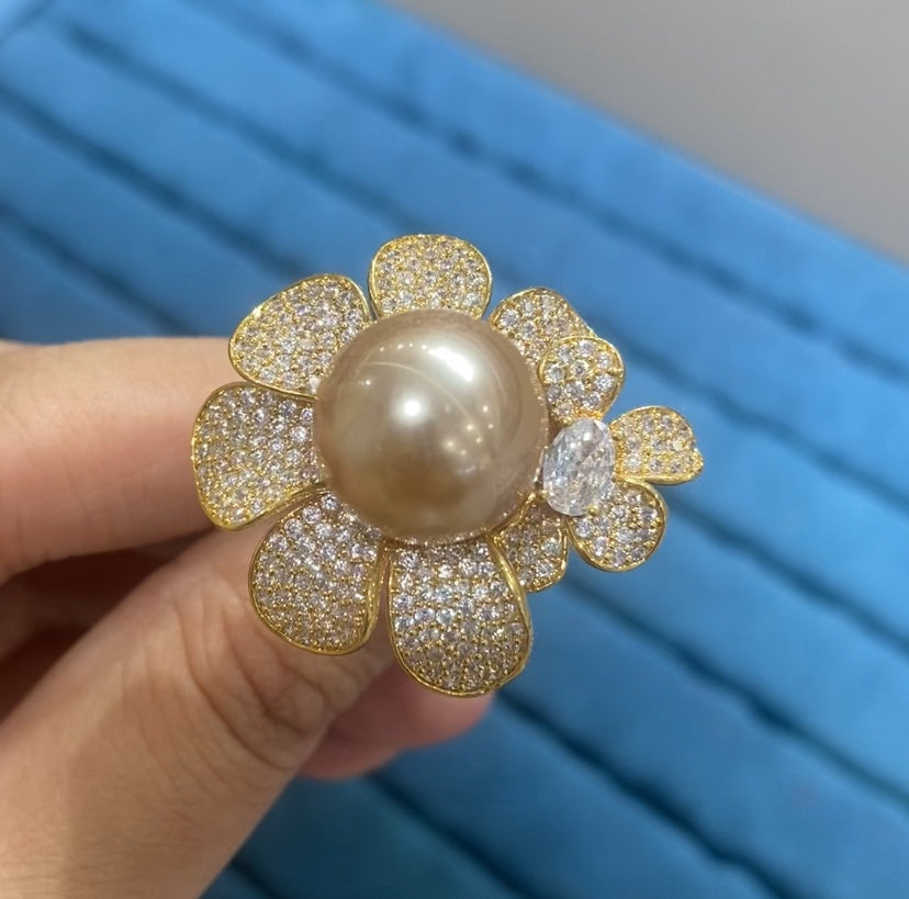 R063 Oversized Pavé CZ Daisy Flower Pearl Cocktail Ring | 3 Colors | Gold Silver | Bo Cheng