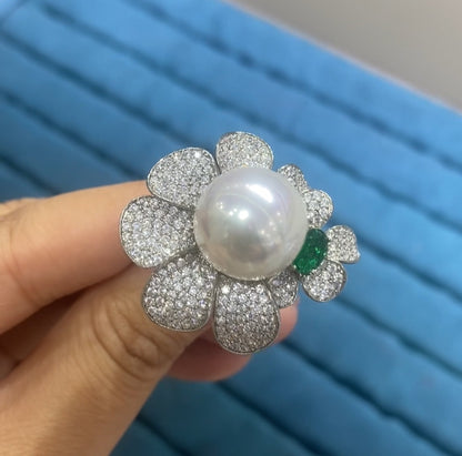 R063 Oversized Pavé CZ Daisy Flower Pearl Cocktail Ring | 3 Colors | Gold Silver | Bo Cheng