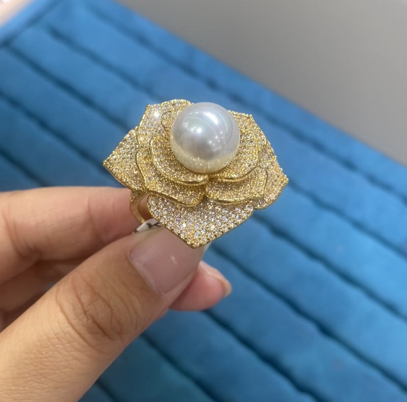 R066 Oversized Full Pavé CZ Rose Flower Pearl Cocktail Ring | Gold & Silver | Bo Cheng
