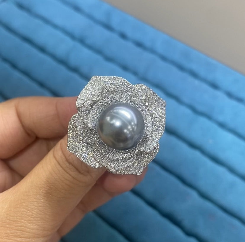 R066 Oversized Full Pavé CZ Rose Flower Pearl Cocktail Ring | Gold & Silver | Bo Cheng