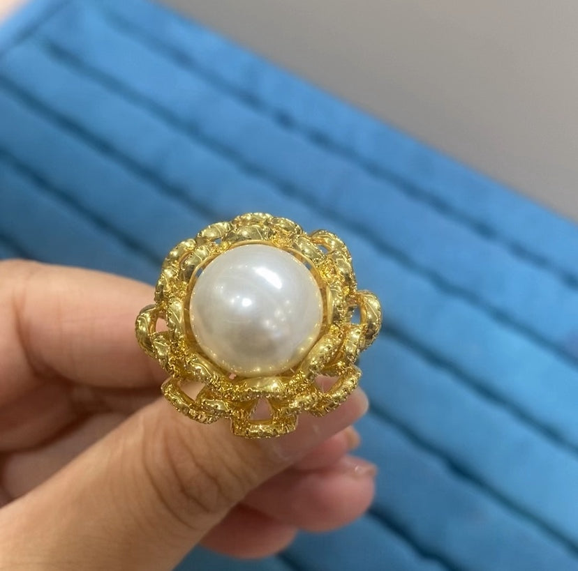 R069 Open Lattice Braided Wreath Pearl Cocktail Ring | Gold Silver | 3 Colors | Bo Cheng