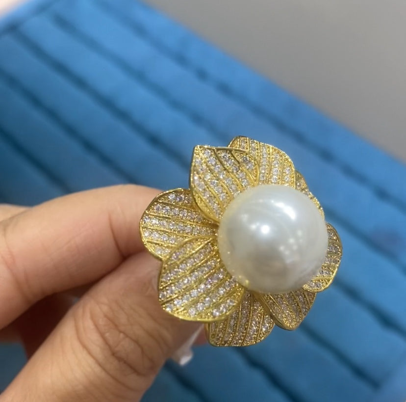 R070 Gold Multi-Layer Lotus Flower Ribbed Pavé CZ White Pearl Cocktail Ring | Bo Cheng