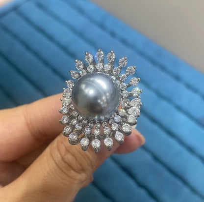 R072 Double Halo Concave CZ Pearl Cocktail Ring | Gold & Silver | Two Colors | Bo Cheng