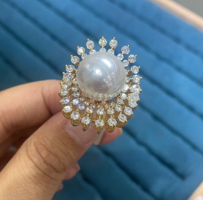R072 Double Halo Concave CZ Pearl Cocktail Ring | Gold & Silver | Two Colors | Bo Cheng