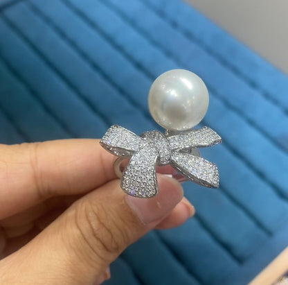 R074 Pearl Bow Ribbon Pavé CZ Cocktail Ring | Gold & Silver | Two Colors | Bo Cheng Jewelry
