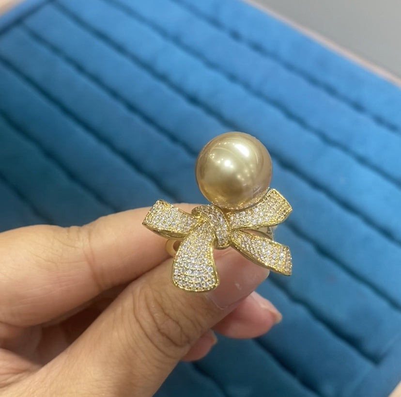 R074 Pearl Bow Ribbon Pavé CZ Cocktail Ring | Gold & Silver | Two Colors | Bo Cheng Jewelry
