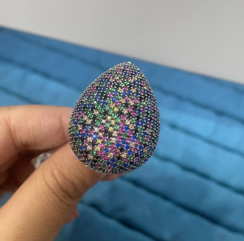 R076 Galaxy Multicolor CZ Massive Teardrop Dome Cocktail Ring | Silver | Bo Cheng Jewelry