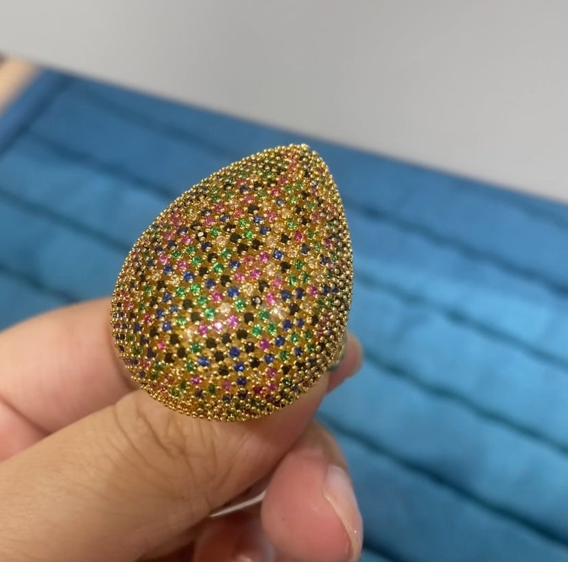 R077 Rainbow Multicolor CZ Teardrop Dome Cocktail Ring | Gold | Copper | Bo Cheng Jewelry