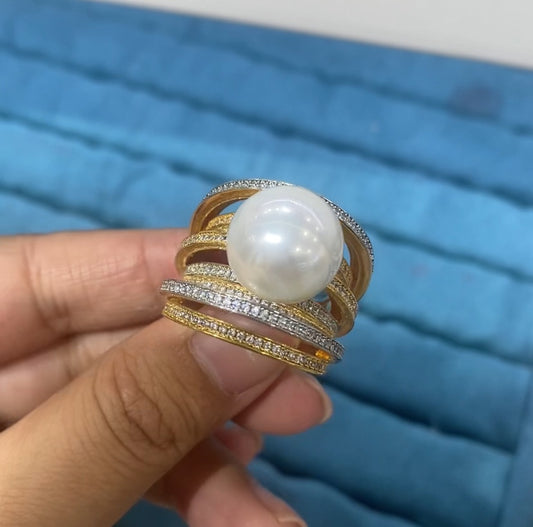 R081 White Pearl Multi-Layer Orbital Pavé CZ Wide Band Ring | Gold | Copper | Bo Cheng Jewelry
