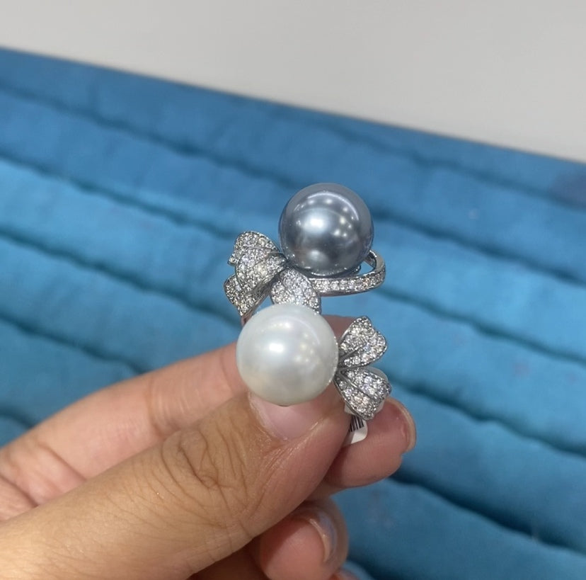 R082 Silver Dual Pearl Bow Pavé CZ Open Bypass Ring | Grey & White Pearl | Bo Cheng Jewelry