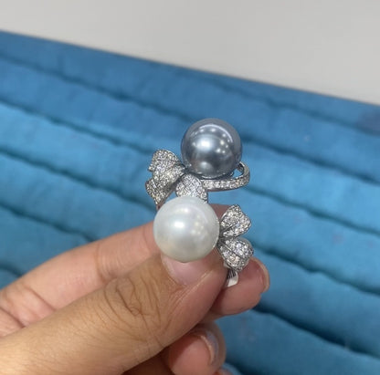 R082 Silver Dual Pearl Bow Pavé CZ Open Bypass Ring | Grey & White Pearl | Bo Cheng Jewelry