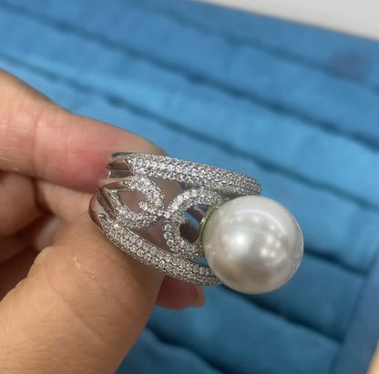 R085 Silver White Pearl Multi-Layer Wave Pavé CZ Wide Band Ring | Copper | Bo Cheng Jewelry