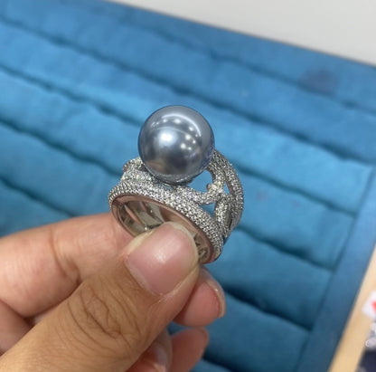 R086 Grey Tahitian Pearl Pavé CZ Wide Band Ring | Silver | Copper | Bo Cheng Jewelry