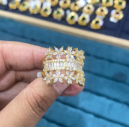 R092 Gold Floral Marquise & Baguette CZ Open Lattice Wide Band Ring | Copper | Bo Cheng