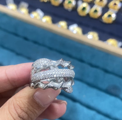 R094 Silver Flame Thorn Pavé CZ Wide Band Cocktail Ring | Copper | Bo Cheng Jewelry