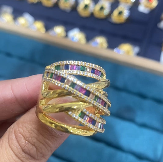 R095 Gold Multicolor Baguette CZ Open Lattice Crossover Wide Band Ring | Copper | Bo Cheng
