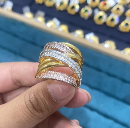 R096 Tri-Color Gold Crossover Wave Pavé CZ Wide Band Ring | Yellow Rose White Gold | Bo Cheng
