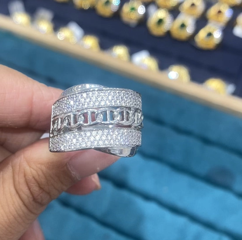 R097 Silver Cuban Chain Pavé CZ Wide Band Ring | Unisex | Copper | Bo Cheng Jewelry