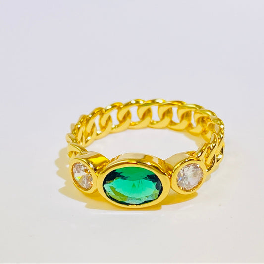 A best-selling design in the US and Europe, this trendy ring features a captivating 5x7mm oval lab-grown emerald. Its timeless appeal is crafted from sterling silver and finished with a brilliant 18K gold plating. The classic yet modern aesthetic is a flattering choice that beautifully complements any skin tone, making it a must-have for a curated jewelry collection.