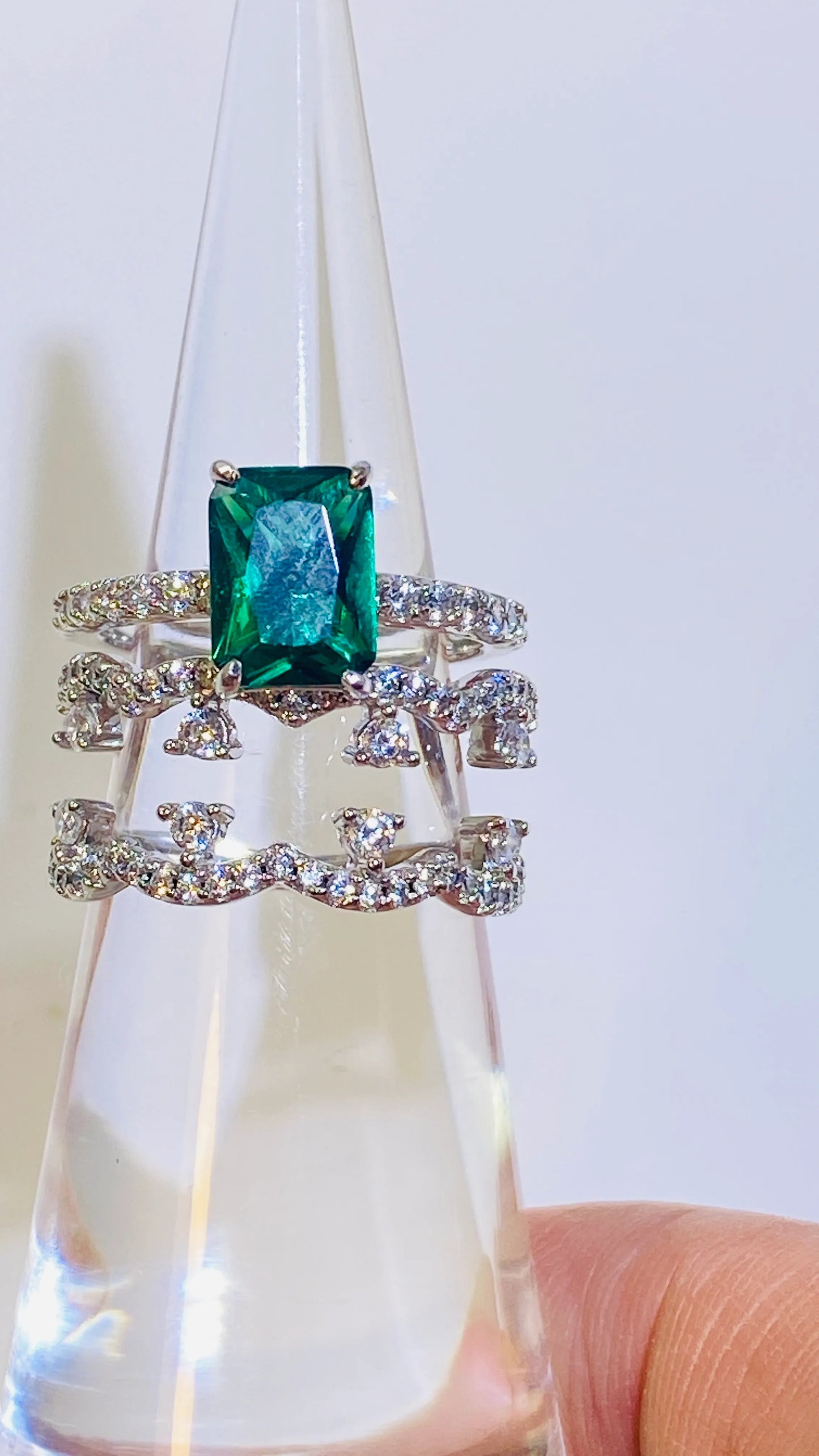 18K White Gold Plated Sterling Silver Ring Set with Lab-Grown Emerald