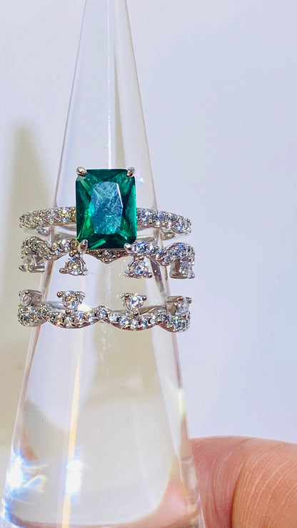 18K White Gold Plated Sterling Silver Ring Set with Lab-Grown Emerald