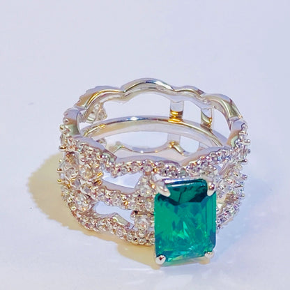 18K White Gold Plated Sterling Silver Ring Set with Lab-Grown Emerald