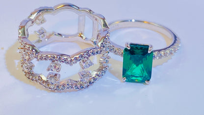 18K White Gold Plated Sterling Silver Ring Set with Lab-Grown Emerald