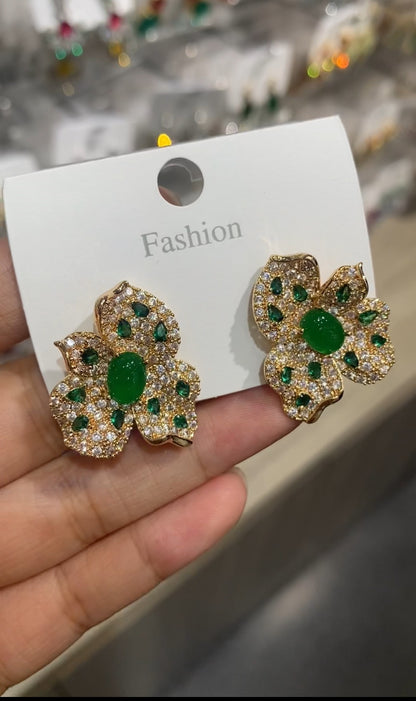 Emerald cabochon four petal pave CZ flower stud earrings gold plated wholesale