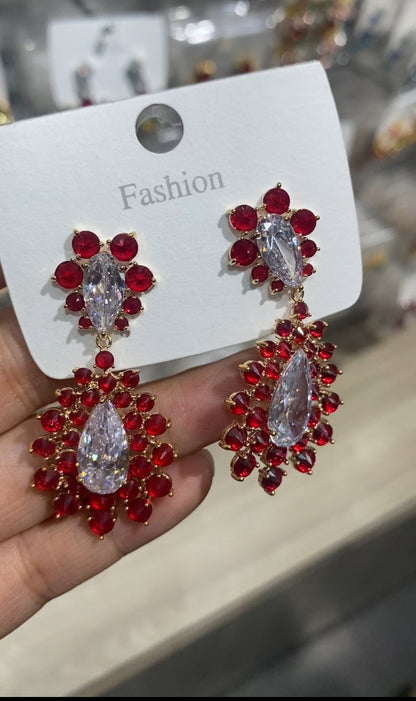 Ruby diamond two tier flower cluster drop earrings gold plated wholesale