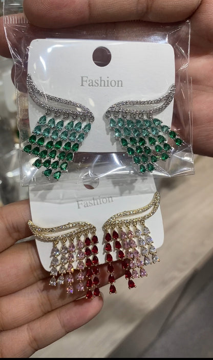 Angel wing gradient tassel drop earrings emerald ruby pave CZ wholesale