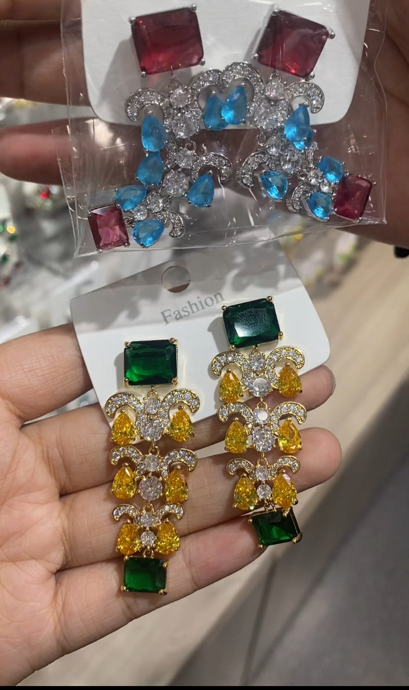 Emerald citrine cascade chandelier drop earrings pave CZ gold plated wholesale