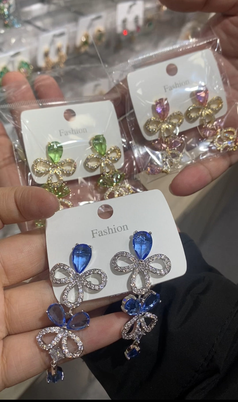Pave CZ bow flower drop earrings blue green pink silver gold wholesale
