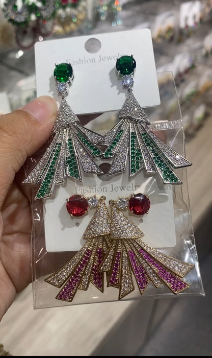 Art deco Christmas tree pave CZ drop earrings emerald ruby silver gold wholesale