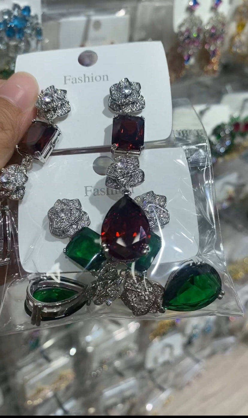 Ruby red teardrop emerald pave rose drop earrings silver plated wholesale