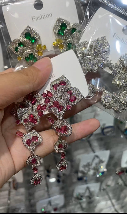 Ruby red crystal flower cascade drop earrings pave CZ multi tier silver wholesale