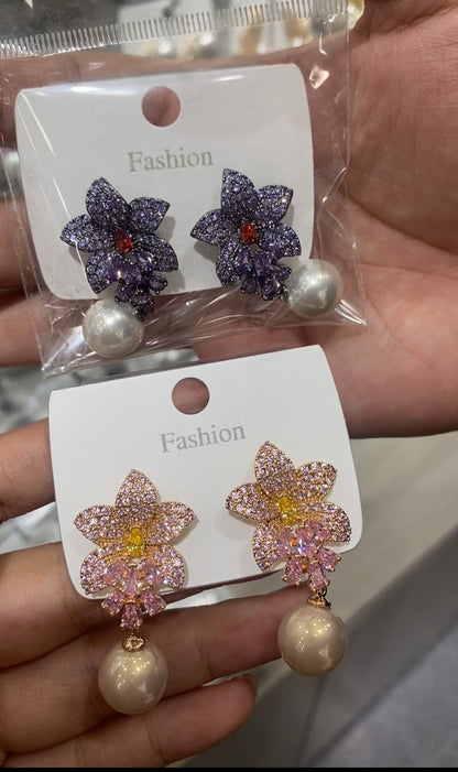 Gradient pave flower pearl drop earrings pink yellow purple wholesale
