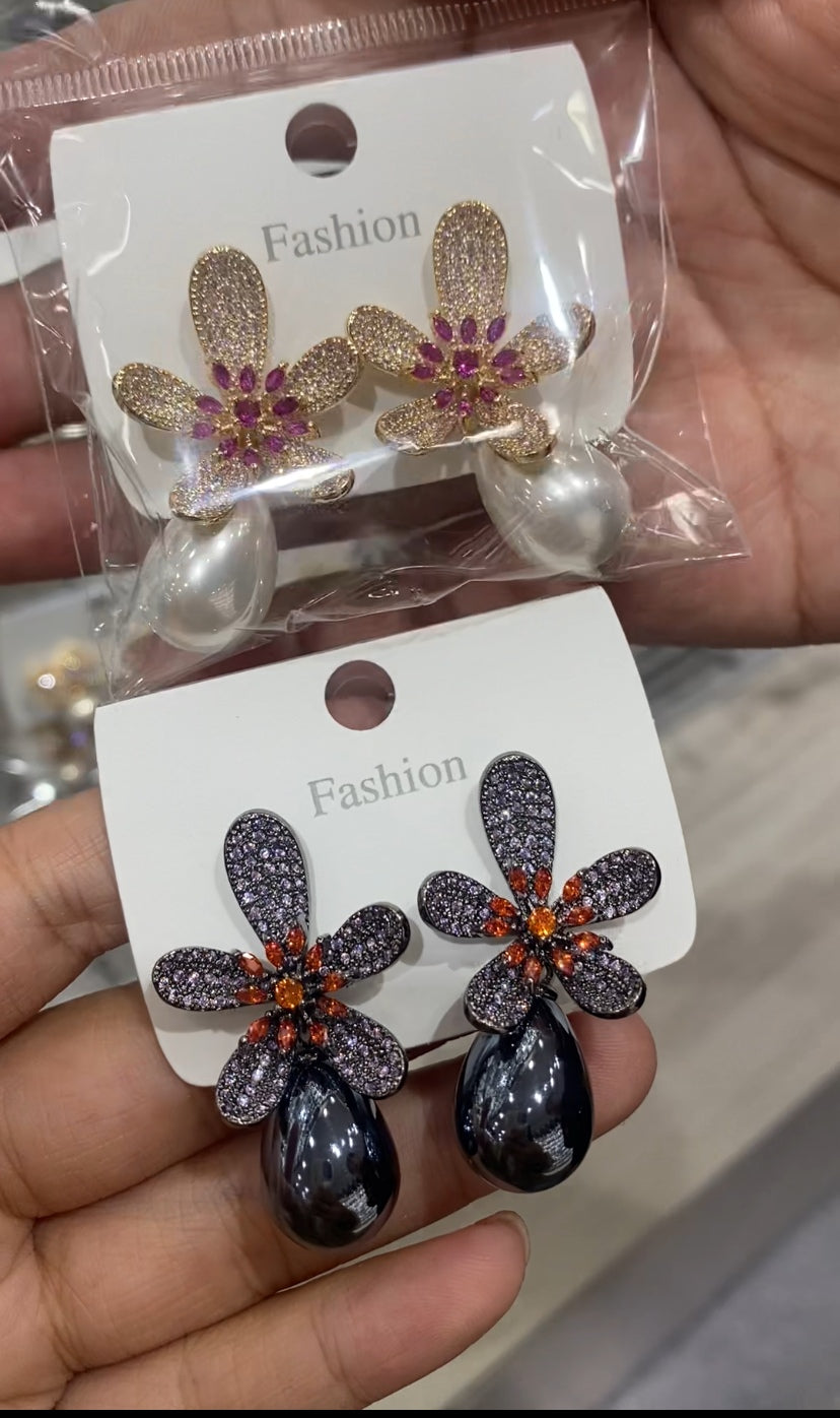 Full pave crystal flower teardrop earrings black resin pearl drop wholesale