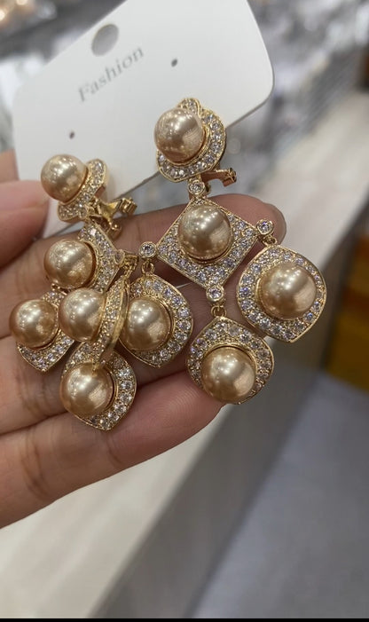Multi pearl chandelier drop earrings geometric gold pave frames wholesale