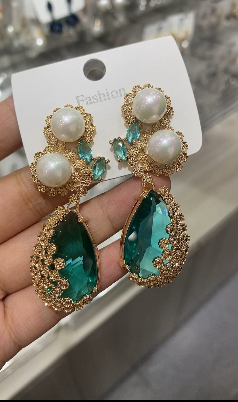 Vintage filigree pearl emerald drop earrings 18K gold plated wholesale