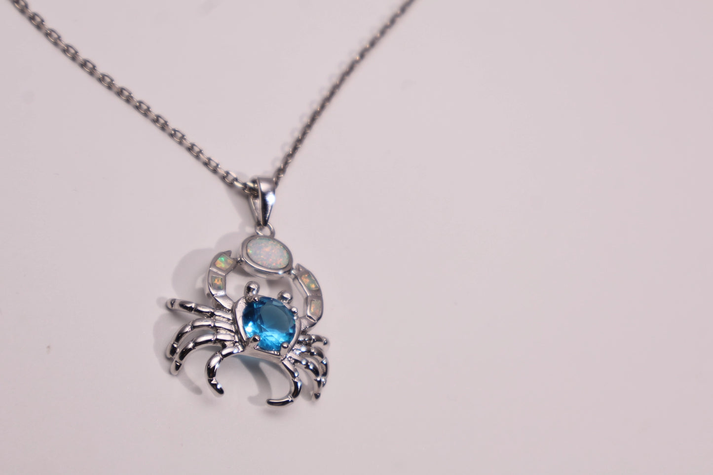 Ocean Crab Opal Necklace,White Gold Plated Copper with Synthetic Opal Inlay and 8mm Blue CZ Center Stone